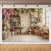 Lofaris Romantic Pink and White Floral Garden Photography Backdrop with Rustic Door and Window Elegant Studio Background for Photoshoot