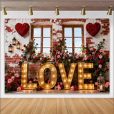 Lofaris Romantic Red and Pink Roses with Illuminated LOVE Letters Party Backdrop Vintage Brick Wall Valentine’s Day Decor