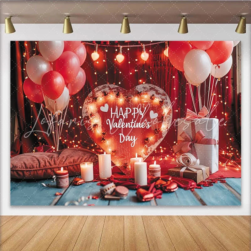 Lofaris Romantic Red and White Happy Valentine’s Day Party Backdrop with Wooden Heart Sign and Fairy Lights