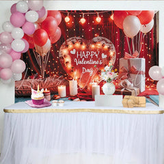 Lofaris Romantic Red and White Happy Valentine’s Day Party Backdrop with Wooden Heart Sign and Fairy Lights