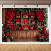Lofaris Romantic Red Curtain Backdrop Wooden Shelf with Hearts and Red Rose Gift Boxes Banner