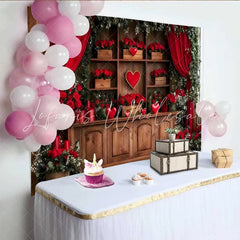 Lofaris Romantic Red Curtain Backdrop Wooden Shelf with Hearts and Red Rose Gift Boxes Banner