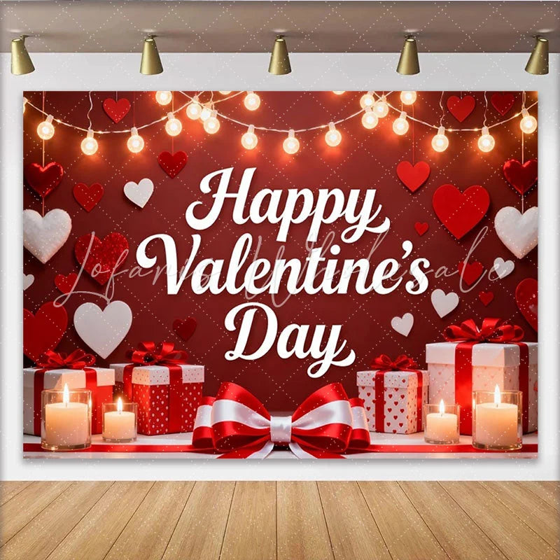 Lofaris Romantic Red Happy Valentine’s Day Party Backdrop Featuring Hearts String Lights and Gift Boxes