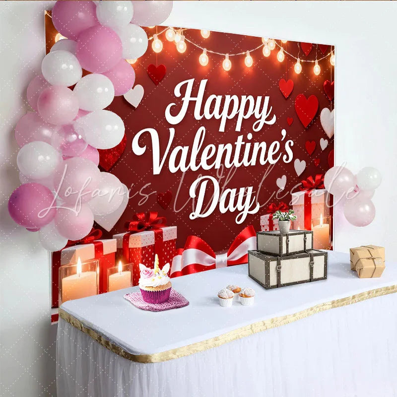 Lofaris Romantic Red Happy Valentine’s Day Party Backdrop Featuring Hearts String Lights and Gift Boxes
