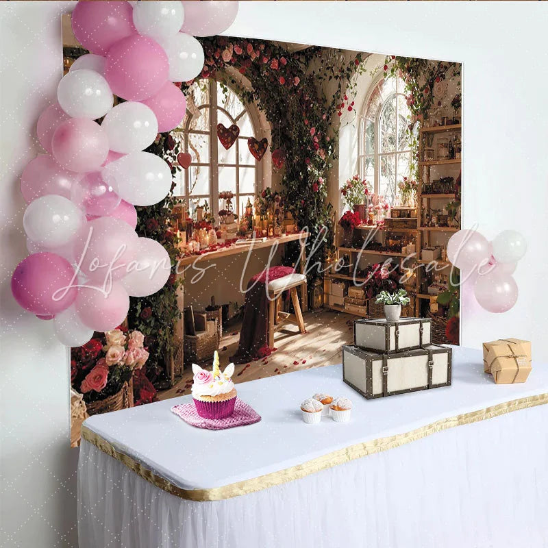 Lofaris Romantic Red Rose and Vine Arched Window Photography Backdrop Elegant Indoor Scene for Valentine’s Day