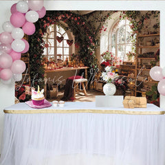 Lofaris Romantic Red Rose and Vine Arched Window Photography Backdrop Elegant Indoor Scene for Valentine’s Day