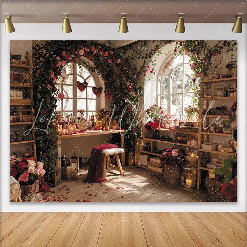 Lofaris Romantic Red Rose and Vine Arched Window Photography Backdrop Elegant Indoor Scene for Valentine’s Day