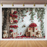 Lofaris Romantic Red Roses and Green Ivy White Brick Wall Backdrop Hearts and Teddy Bears for Valentine’s Day