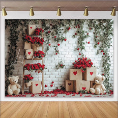 Lofaris Romantic Red Roses and Green Ivy White Brick Wall Backdrop Hearts and Teddy Bears for Valentine’s Day