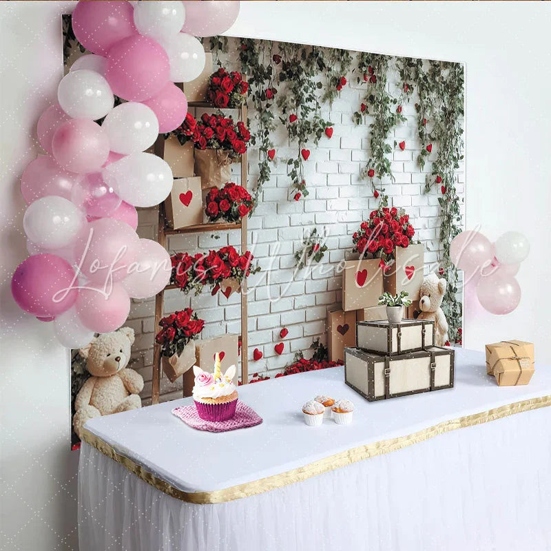 Lofaris Romantic Red Roses and Green Ivy White Brick Wall Backdrop Hearts and Teddy Bears for Valentine’s Day