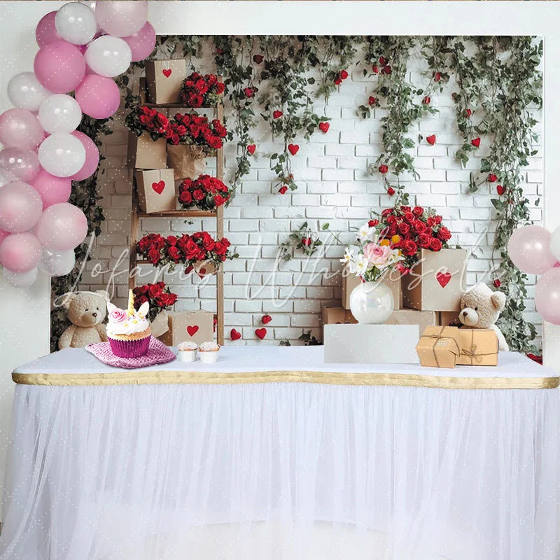 Lofaris Romantic Red Roses and Green Ivy White Brick Wall Backdrop Hearts and Teddy Bears for Valentine’s Day
