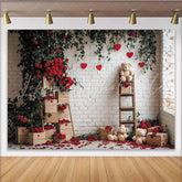 Lofaris Romantic Red Roses and Green Vines Holiday Backdrop White Brick Wall with Hearts and Teddy Bears for Valentine’s Day