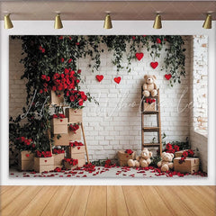 Lofaris Romantic Red Roses and Green Vines Holiday Backdrop White Brick Wall with Hearts and Teddy Bears for Valentine’s Day