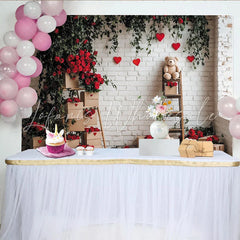 Lofaris Romantic Red Roses and Green Vines Holiday Backdrop White Brick Wall with Hearts and Teddy Bears for Valentine’s Day
