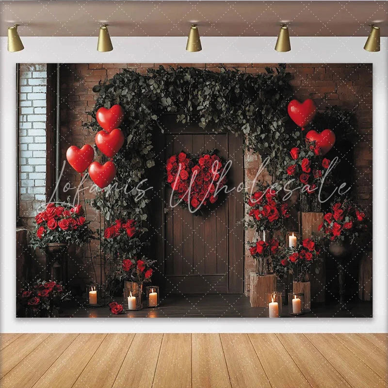 Lofaris Romantic Red Roses Heart Wreath Holiday Backdrop Rustic Wooden Door with Greenery Balloons and Candles