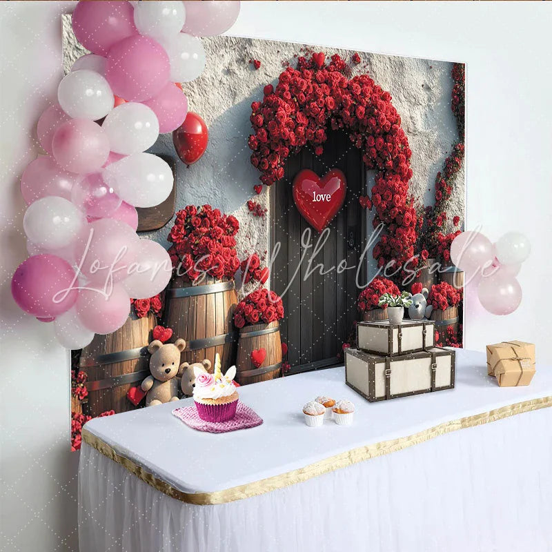 Lofaris Romantic Red Roses Valentines Day Backdrop with Love Hearts and Teddy Bears Rustic Wooden Door Background for Couple Photoshoot