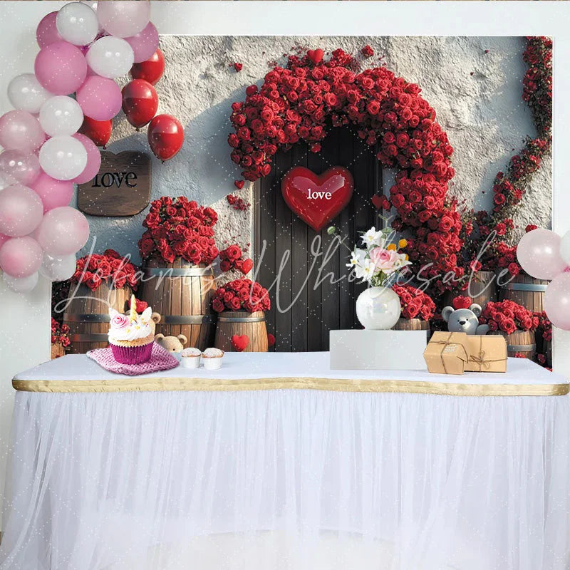 Lofaris Romantic Red Roses Valentines Day Backdrop with Love Hearts and Teddy Bears Rustic Wooden Door Background for Couple Photoshoot