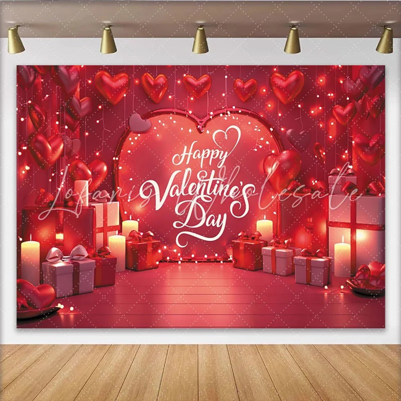 Lofaris Romantic Red Valentine’s Day Party Backdrop featuring Heart Balloons String Lights and Gift Boxes Decor