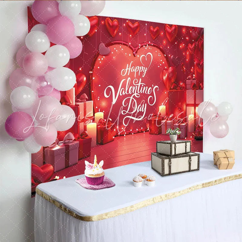 Lofaris Romantic Red Valentine’s Day Party Backdrop featuring Heart Balloons String Lights and Gift Boxes Decor