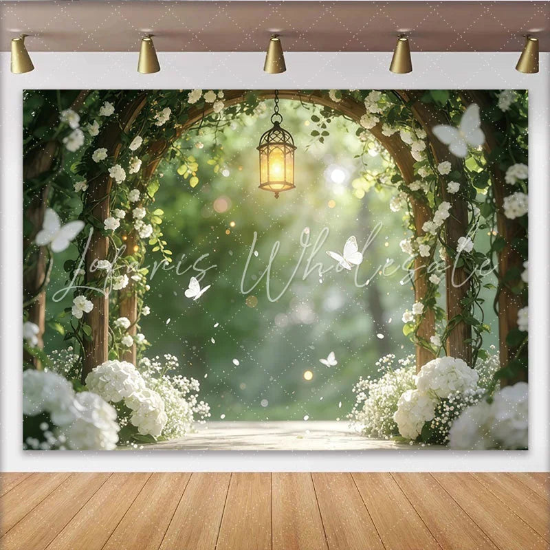 Lofaris Romantic White Floral Arch Photography Backdrop with Lantern Elegant Garden Background for Wedding and Studio Photoshoot