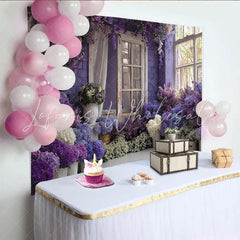 Lofaris Romantischer lila Blumen-Fenster-Ziegelwand-Hintergrund für Hochzeiten Babypartys und elegante Fotoshootings
