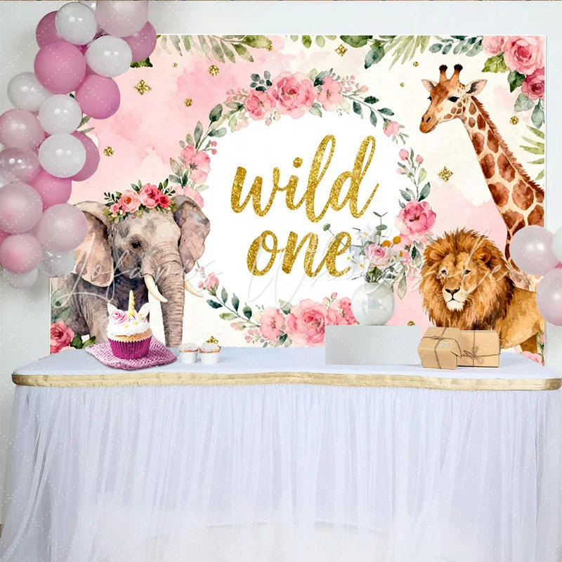 Lofaris Rosa Aquarell-Safari-Hintergrund für den ersten Geburtstag mit Blumenkranz Elefant Giraffe und Löwe