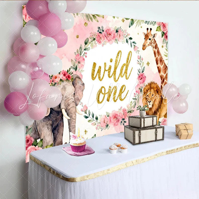 Lofaris Rosa Aquarell-Safari-Hintergrund für den ersten Geburtstag mit Blumenkranz Elefant Giraffe und Löwe