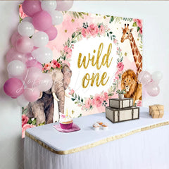 Lofaris Rosa Aquarell-Safari-Hintergrund für den ersten Geburtstag mit Blumenkranz Elefant Giraffe und Löwe