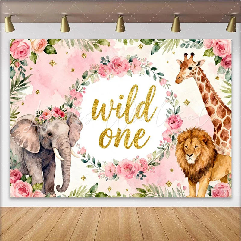 Lofaris Rosa Aquarell-Safari-Hintergrund für den ersten Geburtstag mit Blumenkranz Elefant Giraffe und Löwe