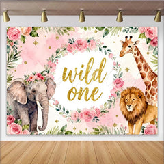 Lofaris Rosa Aquarell-Safari-Hintergrund für den ersten Geburtstag mit Blumenkranz Elefant Giraffe und Löwe