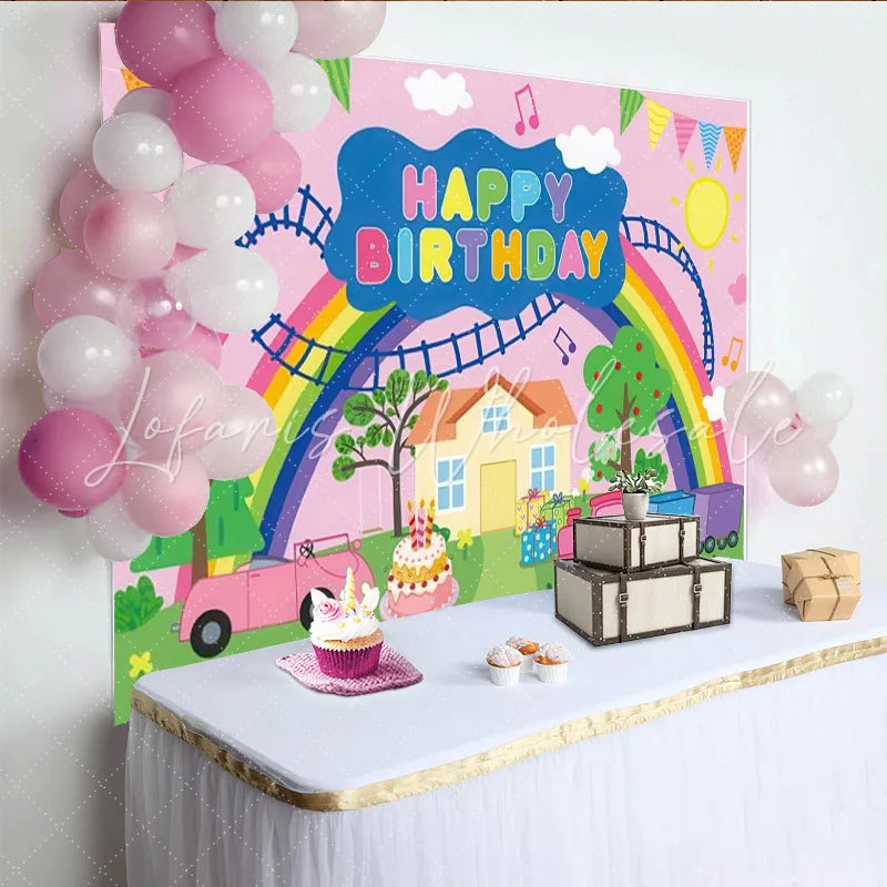 Lofaris Rosa Regenbogen Zug Auto Kuchen Ballons Partyhintergrund für Kindergeburtstag und Fotostudio-Requisiten