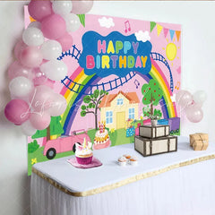 Lofaris Rosa Regenbogen Zug Auto Kuchen Ballons Partyhintergrund für Kindergeburtstag und Fotostudio-Requisiten