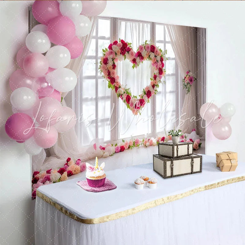 Lofaris Rosa Rot Weiß Herz Blumen Fotohintergrund Romantisch Elegant für Hochzeit Valentinstag Brautparty