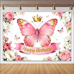 Lofaris Rosa Schmetterling-Hintergrund mit Goldkrone Fotokulisse für Kindergeburtstage florale Partydekoration