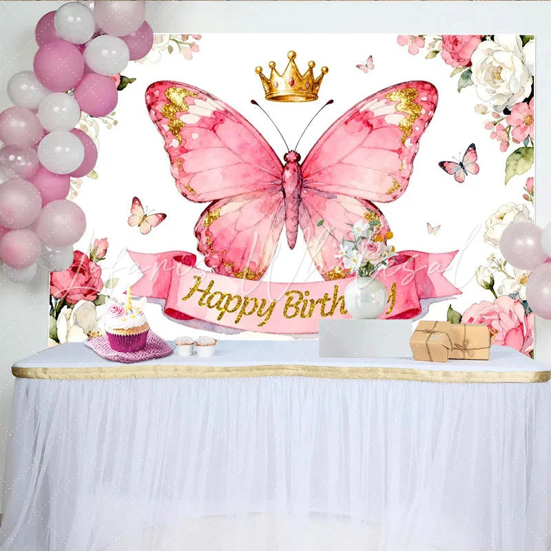 Lofaris Rosa Schmetterling-Hintergrund mit Goldkrone Fotokulisse für Kindergeburtstage florale Partydekoration