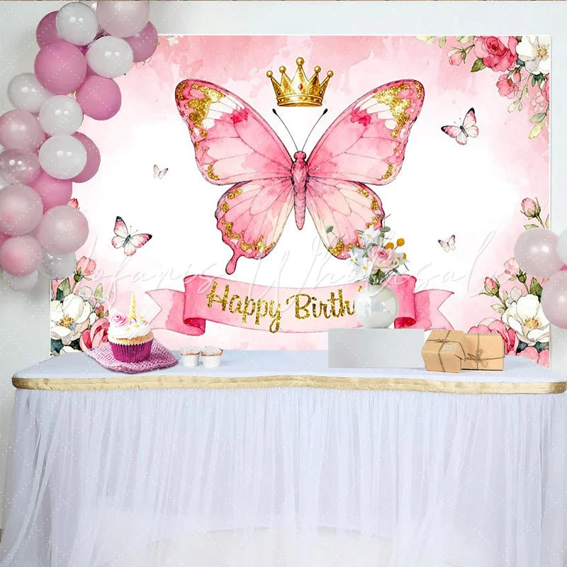 Lofaris Rosa Schmetterling Krone Glitzer Blumen Geburtstag Partyhintergrund für Mädchen Geburtstagsfeier Fotostudio-Requisiten