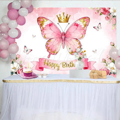 Lofaris Rosa Schmetterling Krone Glitzer Blumen Geburtstag Partyhintergrund für Mädchen Geburtstagsfeier Fotostudio-Requisiten