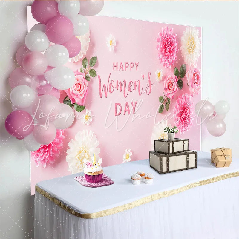 Lofaris Rose and Chrysanthemum Womens Day Backdrop Pink Flower Flat Lay International Womens Day Banner