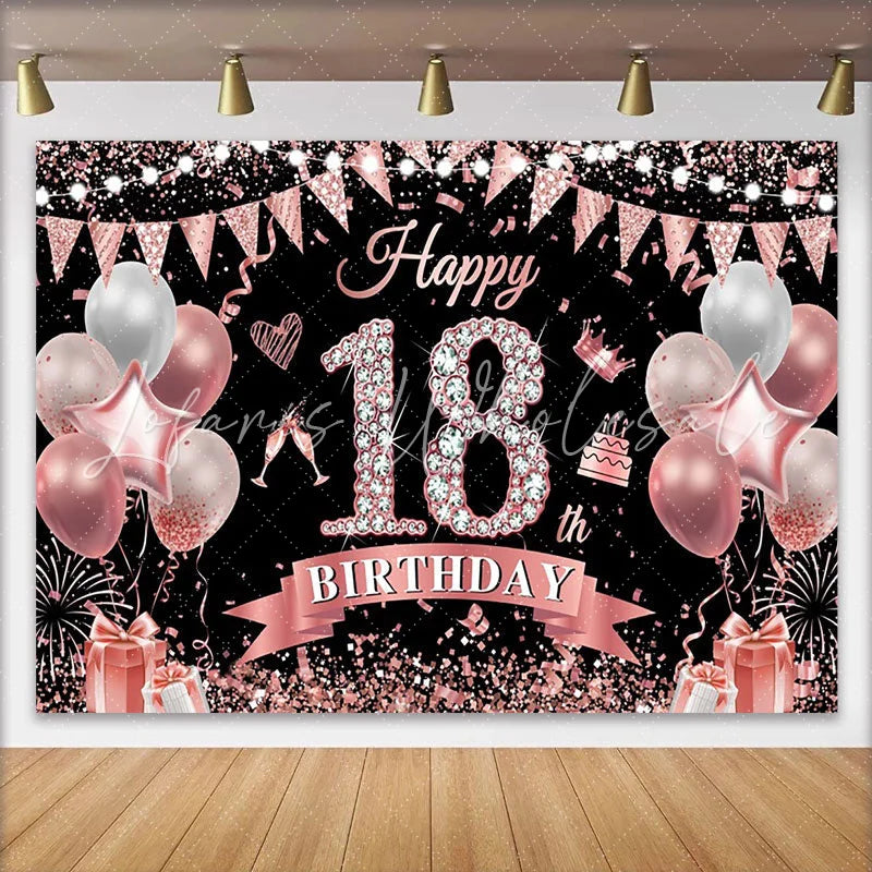 Lofaris Rose Gold 18th Birthday Backdrop Diamond Numbers and Pink Balloon Background Milestone Anniversary Decor