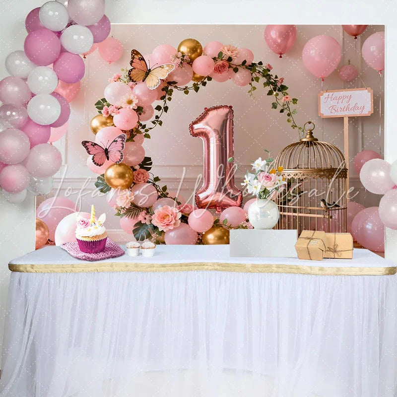 Lofaris Rose Gold 1st Birthday Cake Smash Backdrop Pink and Gold Balloon Arch with Birdcage and Butterflies