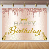 Lofaris Rose Gold Glitter Happy Birthday Backdrop with Golden Crown and Champagne Elegant Party Background for Women Photoshoot