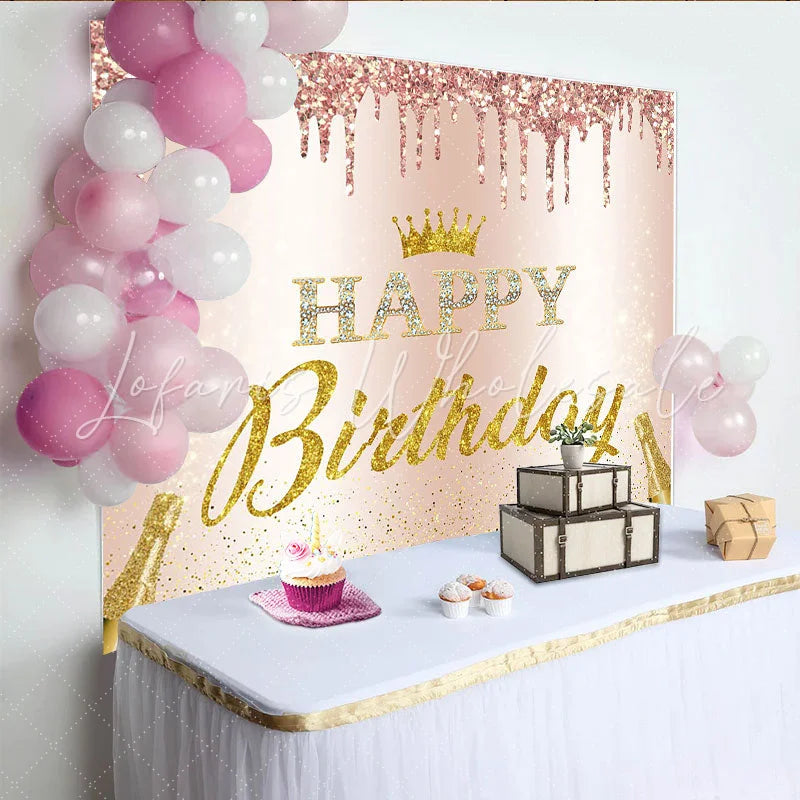 Lofaris Rose Gold Glitter Happy Birthday Backdrop with Golden Crown and Champagne Elegant Party Background for Women Photoshoot