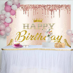 Lofaris Rose Gold Glitter Happy Birthday Backdrop with Golden Crown and Champagne Elegant Party Background for Women Photoshoot