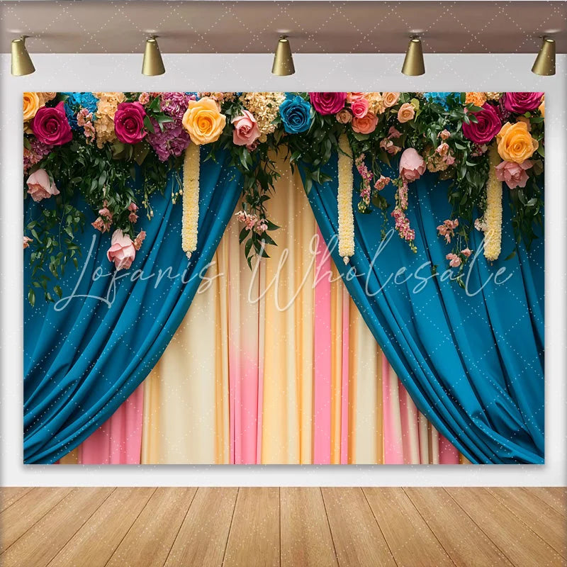 Lofaris Rose Header Stage Backdrop Teal and Pastel Curtains with Floral Garlands Wedding Party Banner