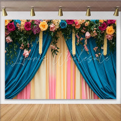 Lofaris Rose Header Stage Backdrop Teal and Pastel Curtains with Floral Garlands Wedding Party Banner