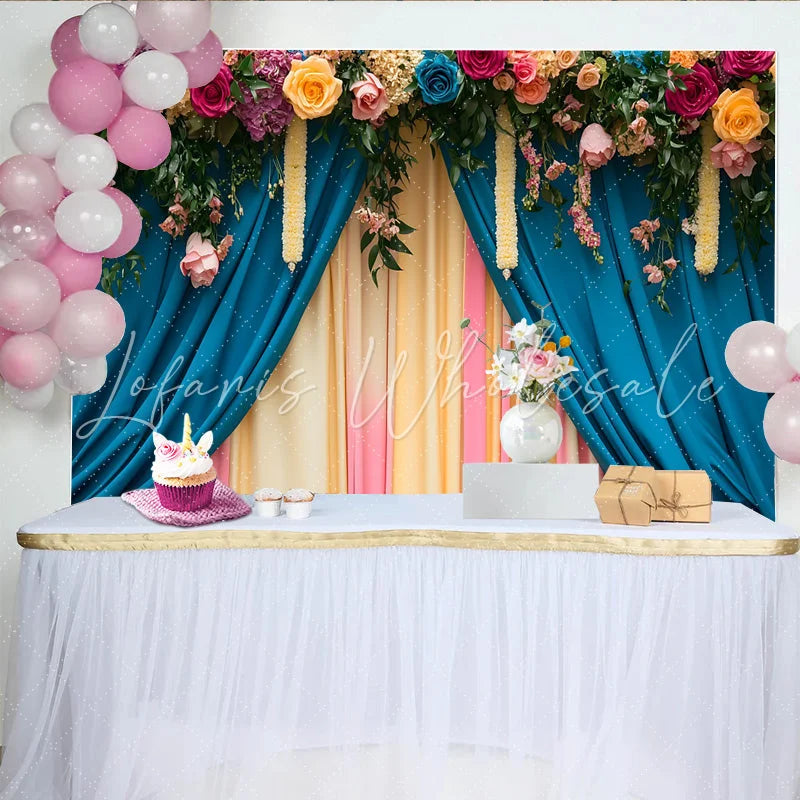 Lofaris Rose Header Stage Backdrop Teal and Pastel Curtains with Floral Garlands Wedding Party Banner