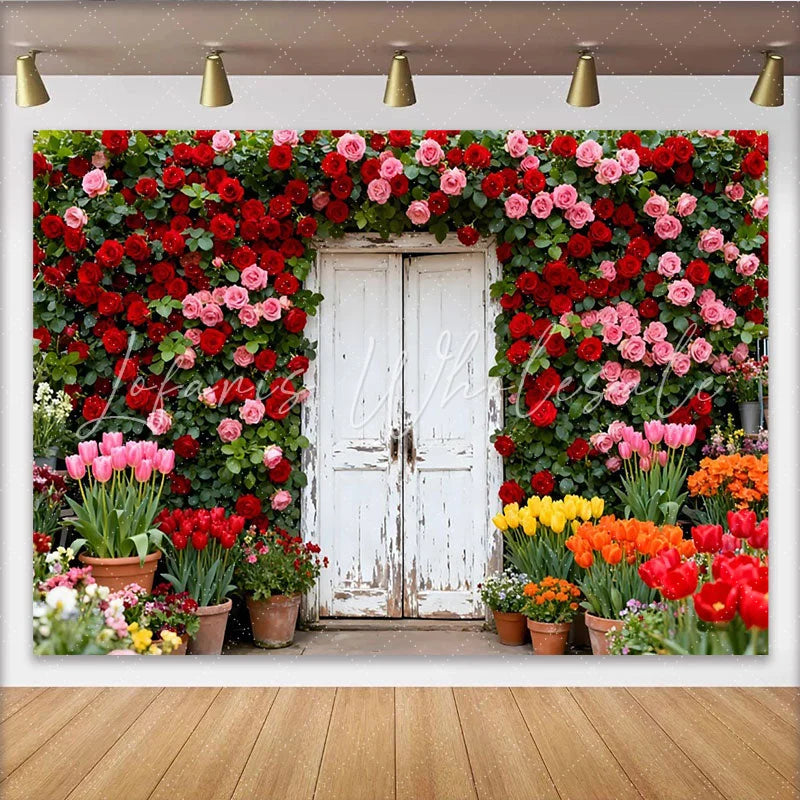 Lofaris Roter und rosa Rosen-Tür-Hintergrund Frühlingsgarten-Kulisse für Hochzeiten und Partys rustikale Fotodekoration