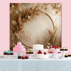 Lofaris Round Wood Boho Backdrop Pampa Grass and Cream Rose Arch for Rustic Wedding