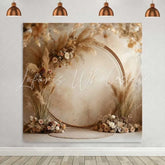 Lofaris Round Wood Boho Backdrop Pampa Grass and Cream Rose Arch for Rustic Wedding
