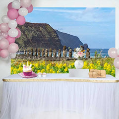 Lofaris Row of Moai Statues Ocean Coastal Scenery Backdrop Easter Island Historic Landscape Photography Background